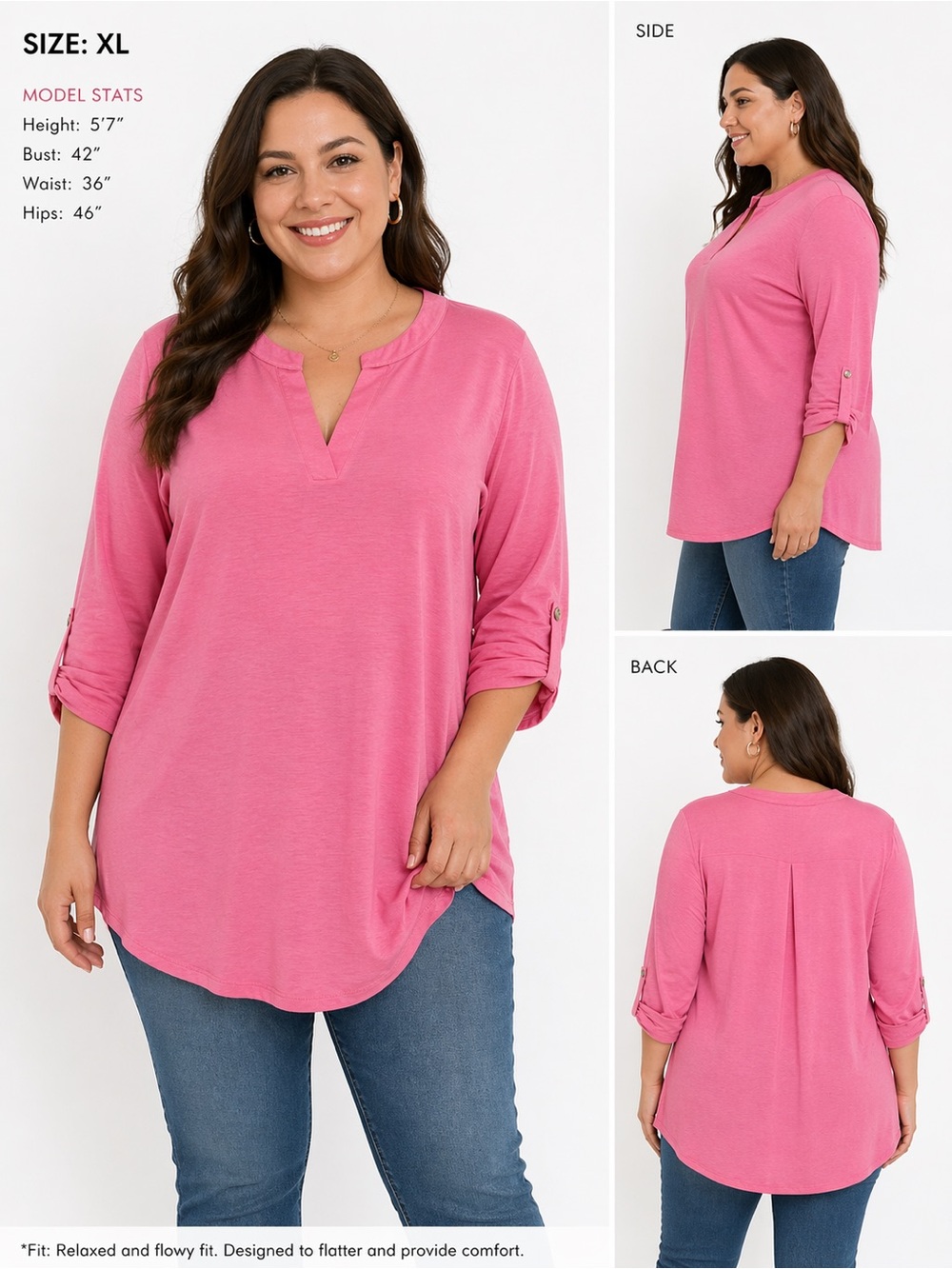 Relaxed Pink V-Neck Roll-Sleeve Women's Plus Top